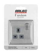 Stainless Steel Arlec Fusion single socket packaging