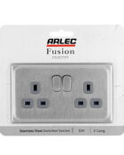 Stainless steel Arlec Fusion double socket on packaging