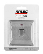 Stainless steel Arlec Fusion 20A double pole switch packaging