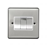 Switch 3 Gang 2 Way 10A Screwed Brushed Stainless Steel