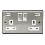 Switched Socket 2 Gang SP 13A & 3.1A USB Charger Screwed Brushed Stainless Steel