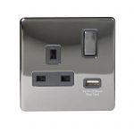 Switched Socket 1 Gang SP 13A & 2.1A USB Charger Screwless Black Nickel