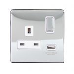 Switched Socket 1 Gang SP 13A & 2.1A USB Charger Screwless Polished Chrome