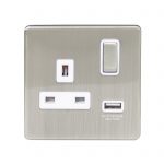 Switched Socket 1 Gang SP 13A & 2.1A USB Charger Screwless Brushed Stainless Steel