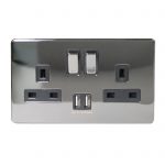 Switched Socket 2 Gang SP 13A & 3.1A USB Charger Screwless Black Nickel