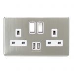 Switched Socket 2 Gang SP 13A & 3.1A USB Charger Screwless Brushed Stainless Steel
